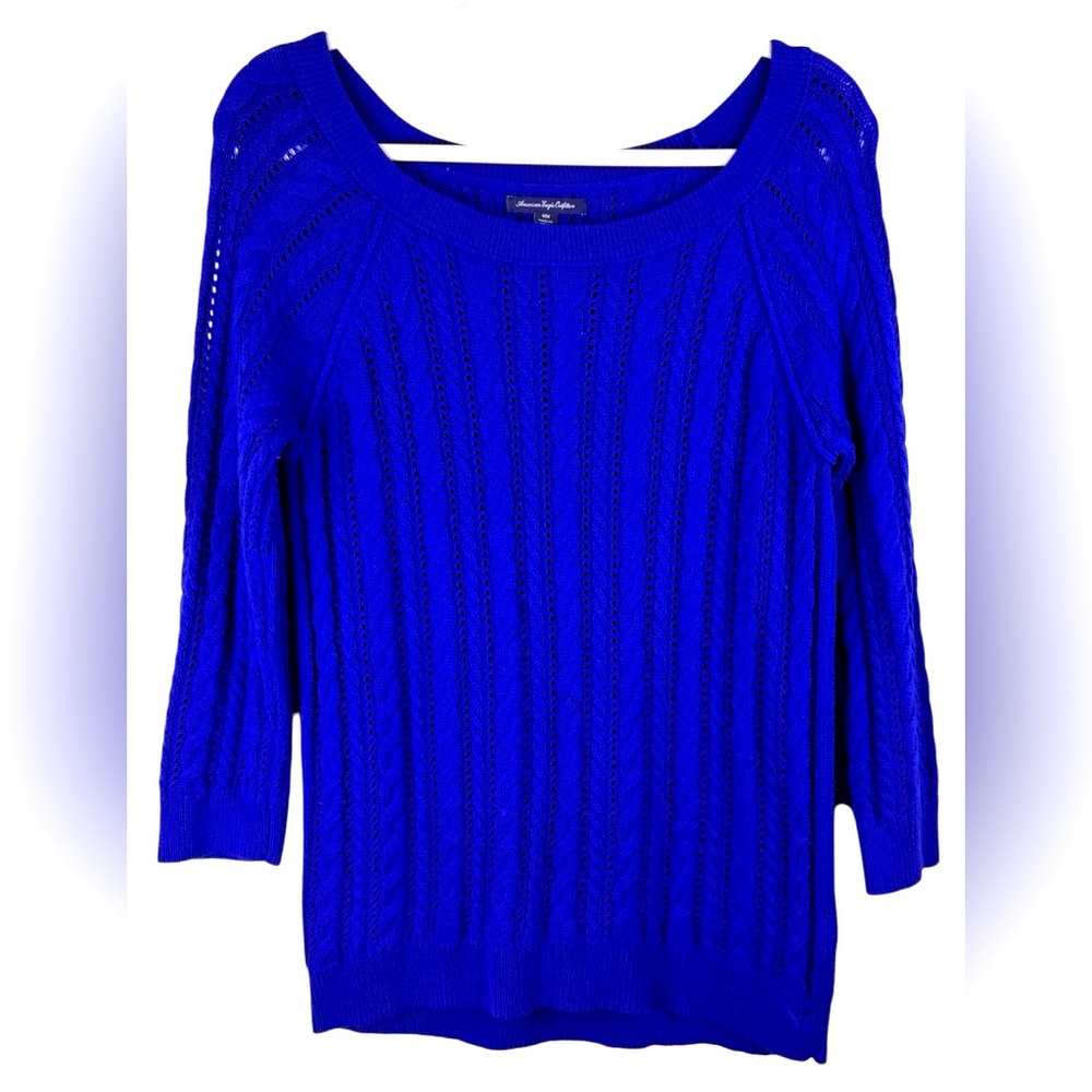 American Eagle Womans Sweater Sz‎ M Pull Over Royal Blue  Open Textured Knit